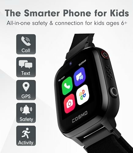 Kids smartwatch with safety and connection features, suitable for ages 6 and up.