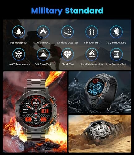 Military standard watch with durability features such as waterproof, anti-impact, and temperature resistance.