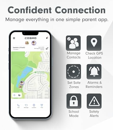 Parent app interface with map and features like contacts, GPS, safe zones, alarms, school mode, and safety alerts.