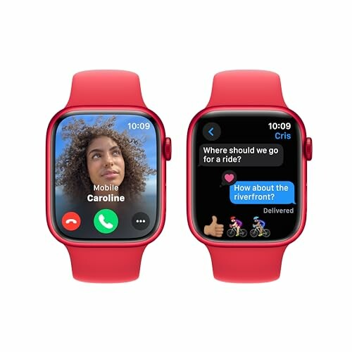 Two red smartwatches displaying a video call and a text conversation
