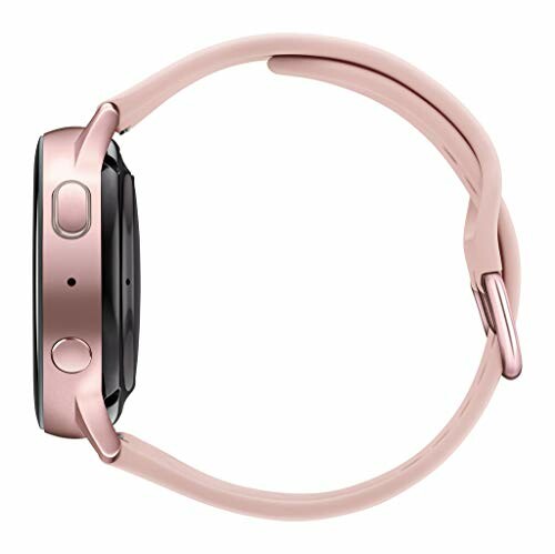 Side view of a rose gold smartwatch with a pink band.