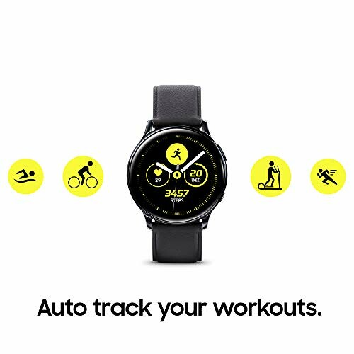 Smartwatch with auto workout tracking feature and icons for swimming, cycling, running, and lifting.