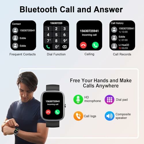 Smartwatch displaying Bluetooth call features and a person using it.