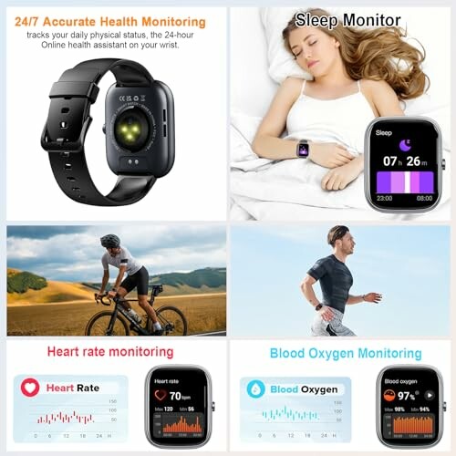 Smartwatch features including health monitoring, sleep tracking, heart rate, and blood oxygen monitoring.